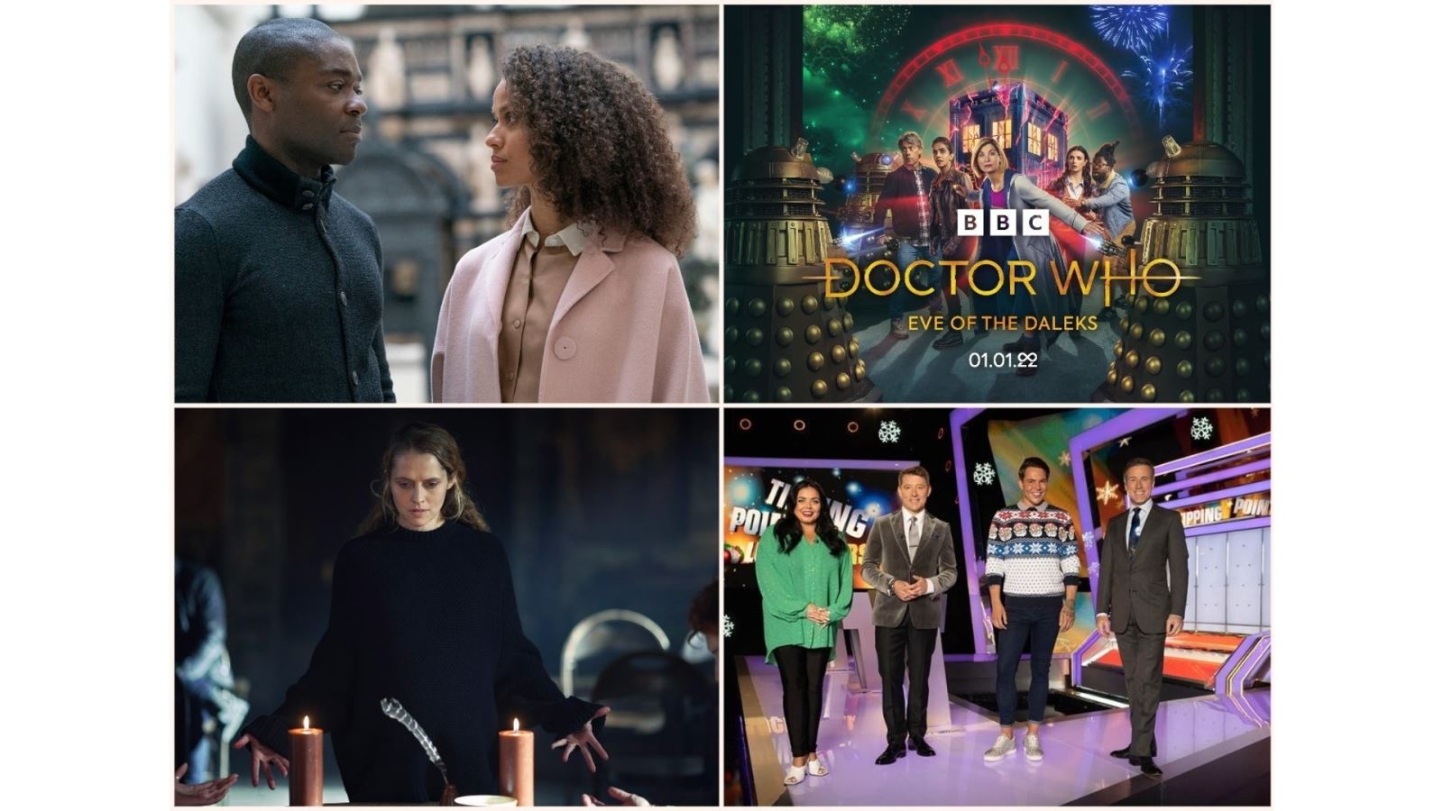 Clockwise from top left: The Girl Before (BBC One/HBO Max), Doctor Who: Eve of the Daleks (BBC One), A Discovery of Witches series 3 (Sky Max/NOW TV), Tipping Point Lucky Stars Festive Special (ITV/RDF Television)